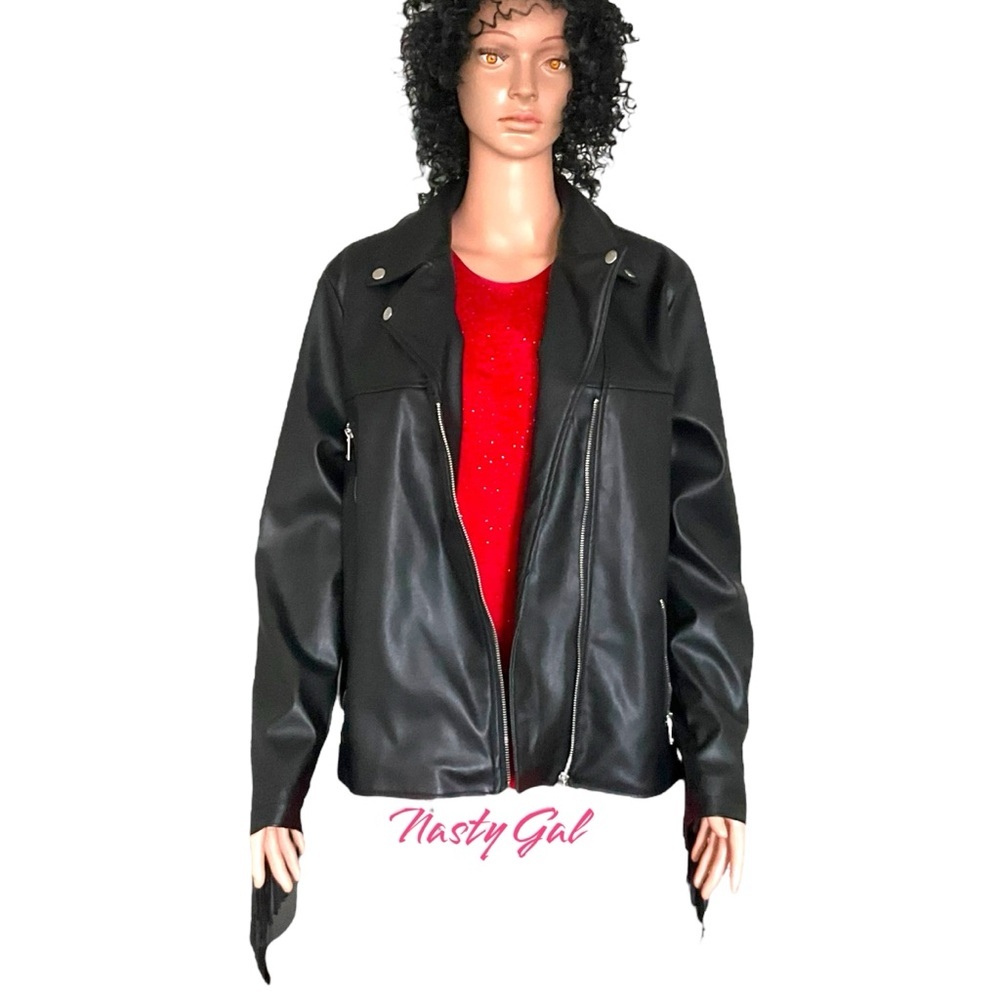 Nasty Girl Black Faux Leather Moto Jacket SZ 8 Women Fringe Cowgirl Streetwear